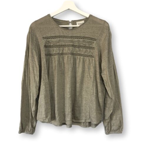 Wrap London Bohemian 100% Linen Taupe Pullover Blouse Size 12 Cottage Peasant