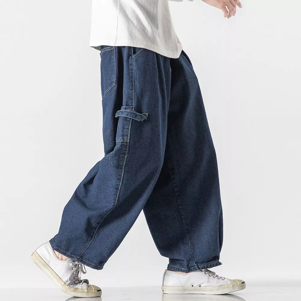 Men Denim Loose Baggy Pants Jeans Back Elastic Waist Trousers Tapered Retro  Blue