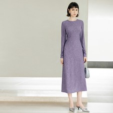 Autumn 2024 New Womens Dress Purple Long Sleeve Round Neck Slim Fit Casual Skirt