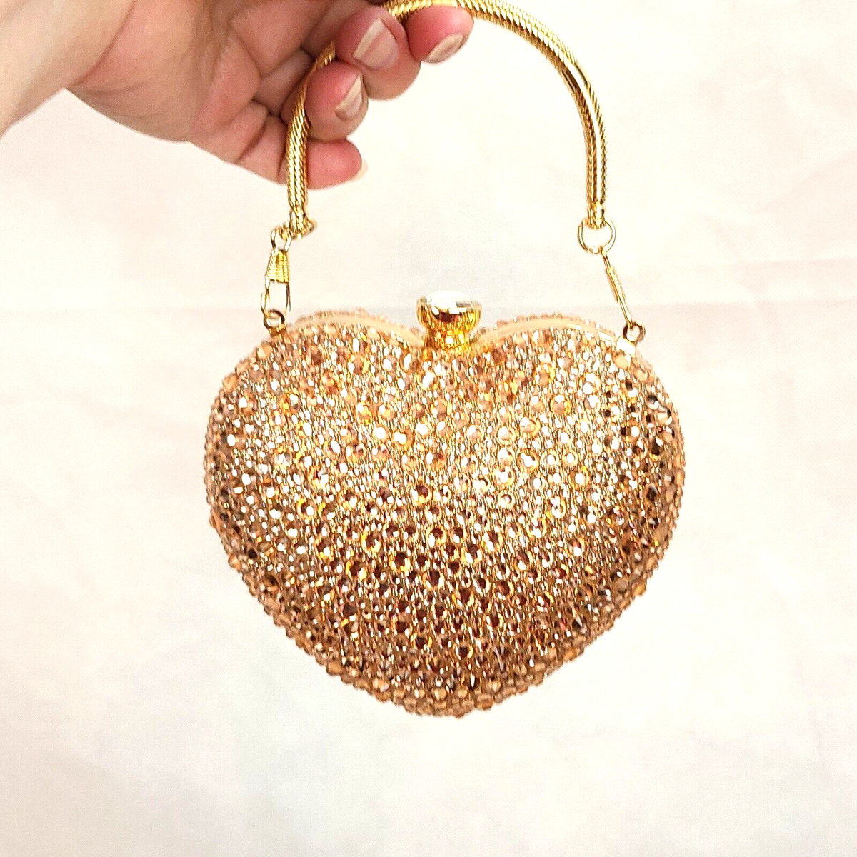 RAMLA Gold Heart Shape Crystal Clutch Purse Handle & Chain Prom