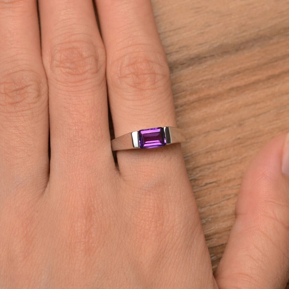 Natural Purple Amethyst Emerald Cut Gemstone Women Ring 925 Sterling Silver - Image 4 of 4