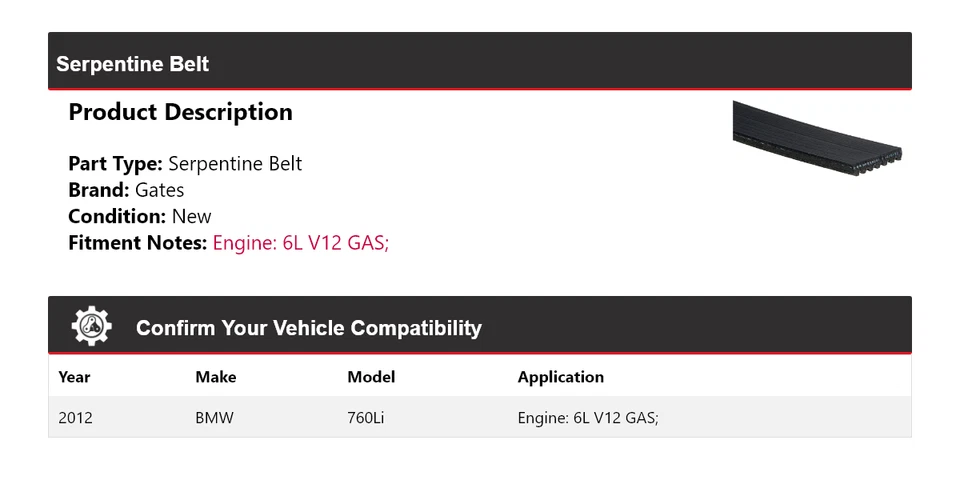 For 2012 BMW 760Li 6L V12 GAS Serpentine Belt Gates - Image 2 of 4