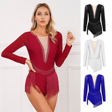 Women's Bodysuit Tassel Jumpsuit Athletic Dance Leotard Long Sleeve Dancewear