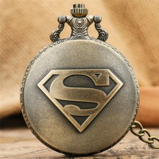 Bronze Full Hunter Superman Hero "S" Quartz Analog Pocket Watch Necklace Chain