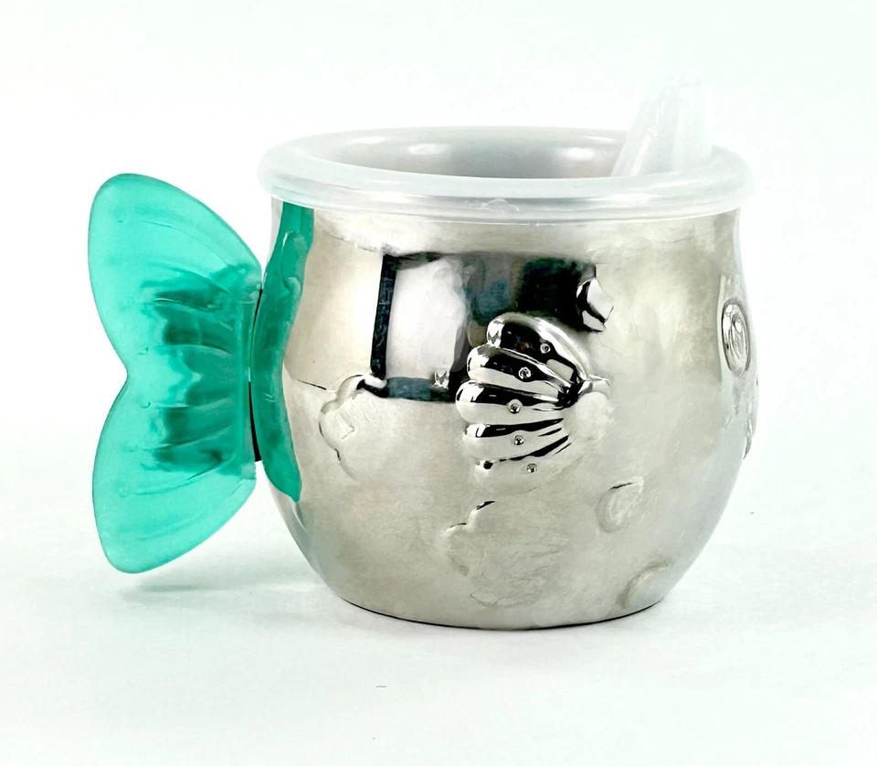 Reed & Barton Sippy Cup 2.5" Stainless & Plastic Lid Aqua Fish Tail Handle C660 - Image 4 of 4