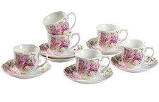7 oz Porcelain Tea Cups and Saucers Set of 6, Pink Floral Design Elegant Gi...