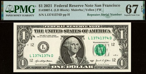 Matching District & Serial Numbers Repeater 2021 $1 FRN PMG 67EPQ 13741374 - Picture 5 of 6