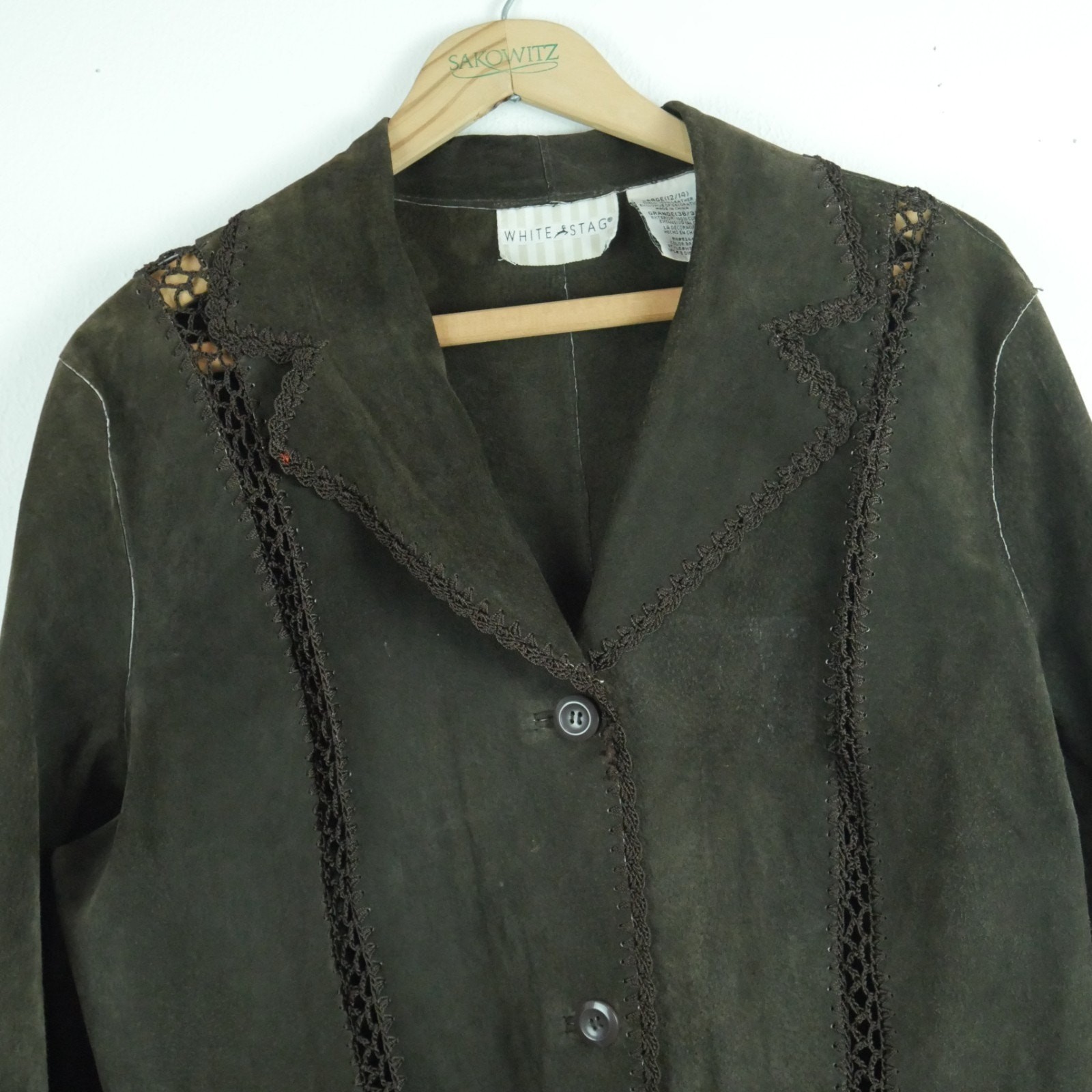 Vintage Large Suede Jacket Patchwork Crochet Brow… - image 7
