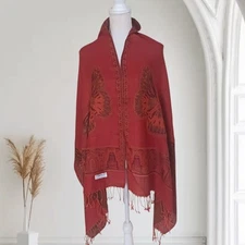 Women's Reversible Knit Butterfly Shawl Scarf Wrap Orange 100% Pashmina Cashmere