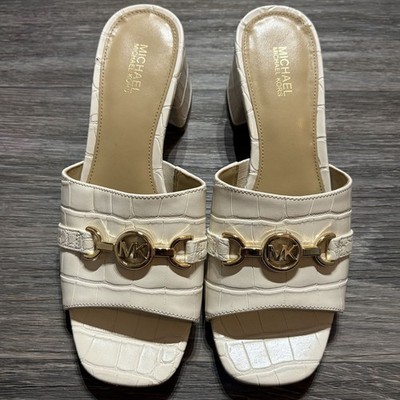 Michael Kors Size 7 Cream Croc Embossed Block Heel Slide Sandals