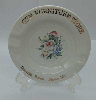 Vintage Ashtray Ceramic Advertising Danville PA GEM FURNITURE STORE Gold Paint
