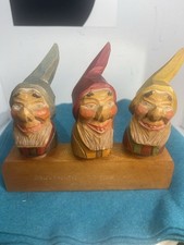 Hand Carved Wood Barware Bottle Pourers SS Spouts Cork Elf Dwarf Gnome W/ Rack