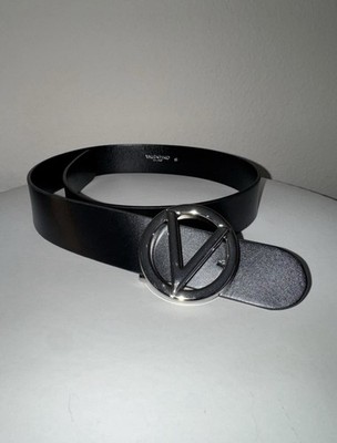 Valentino Black Wide Waist Belt Silver V Buckle Adjustable 