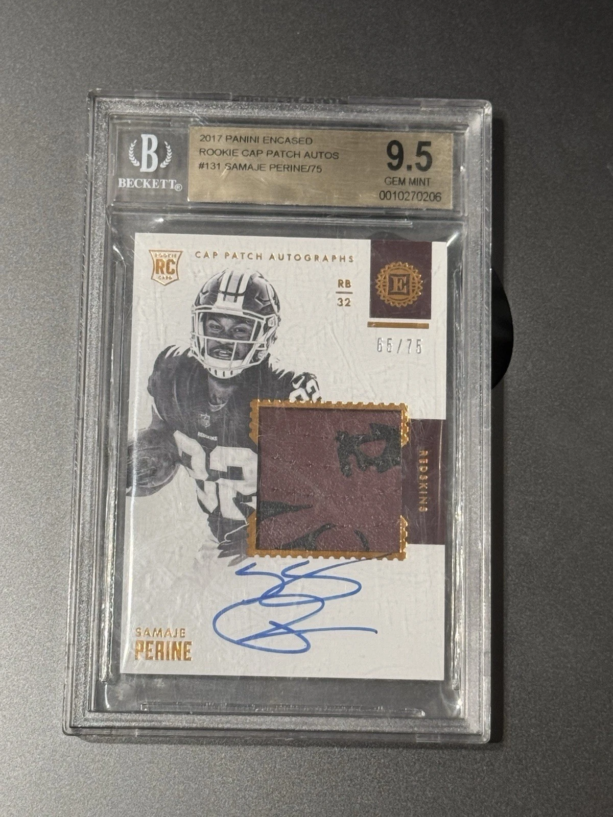 Samaje Perine Panini Encased #131 Cap Patch Autographs