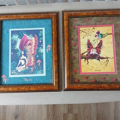 Two Fairy Framed Wall Art Prints ''Thistle'' and ''Ladybug'' faery whimsey cottage