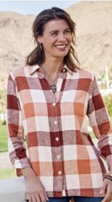 Soft Surroundings Carreaux LinenPlaid Shirt Rustic Mango Button Up Back Zip Sz L