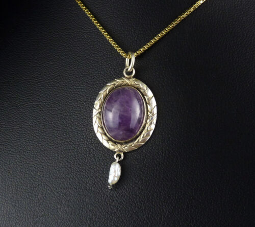 Antikschmuck Anhänger Amethyst & Perle ~1920 Jugendstil Art Déco 800 Silber verg - Bild 3 von 10