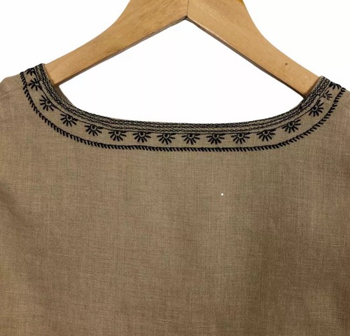 Laura Ashley Linen Tank Womens Size 8 V-Neck Embroidered Neckline Tan Black - Picture 4 of 6