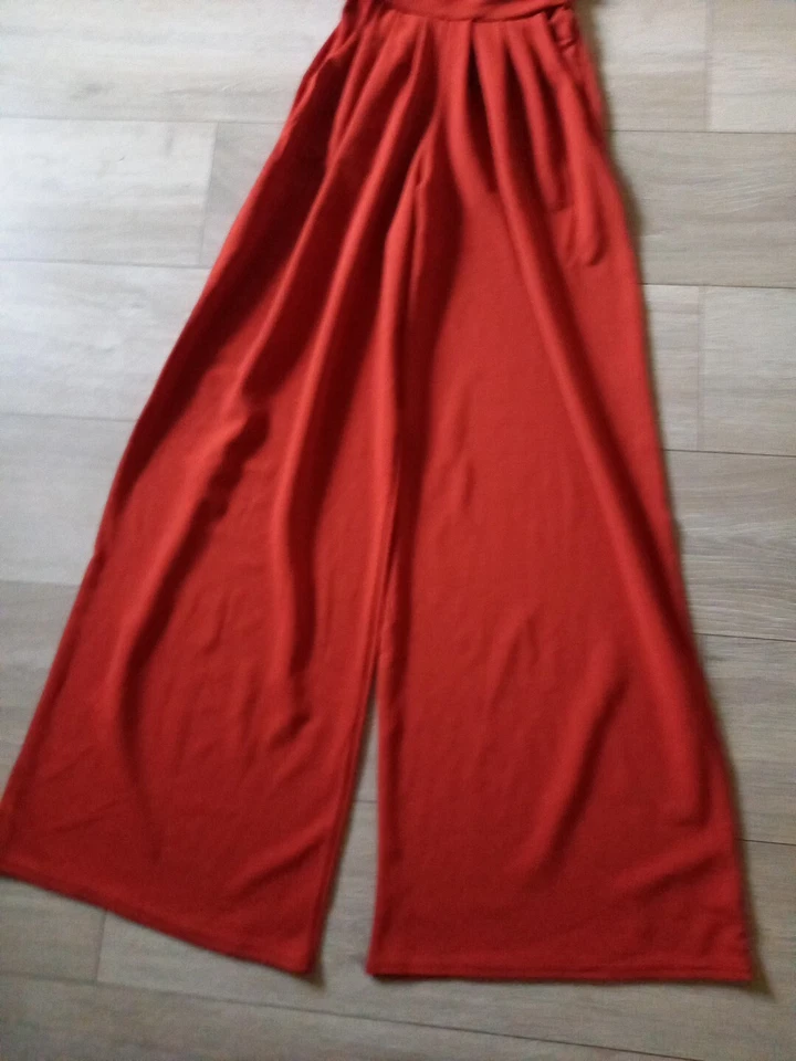 Misslook Rust Tan Stretch Wide Leg Jumpsuit Studded High Neck Evening Party UK8T - Image 4 of 4