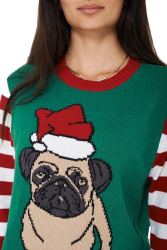 Unisex Green & Red Multi Christmas Knitted Sweater Bulldog Print Xmas Jumper - Picture 3 of 4