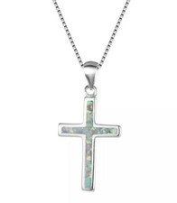 Faux White Fire Opal Cross Pendant 925 Sterling Silver Plated Necklace N77