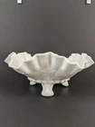Milk Glass Candy Dish Vintage Ruffled Grapes & Leaves Molds Pedestal feet Bowl