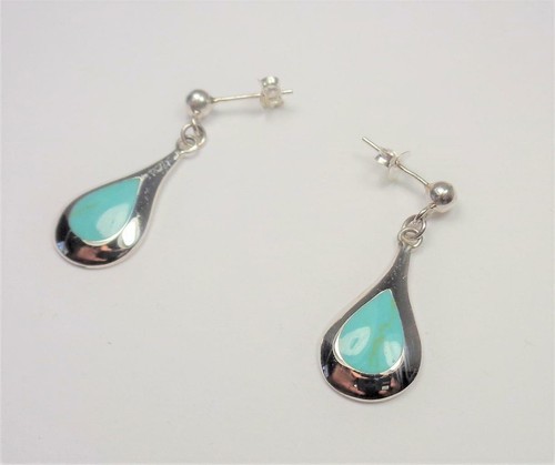 STERLING SILVER HAWAIIAN ISLAND TURQUOISE STONE TEARDROP DANGLING EARRINGS - Picture 3 of 5