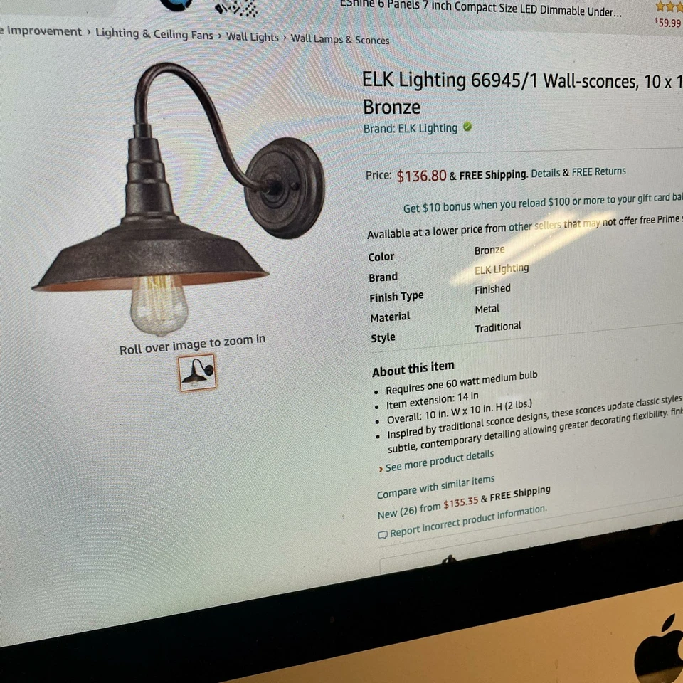 Aplique de pared ELK Lighting 66945/1 casa de campo urbana rústica, bronce claro (10 x 10 x 14) Foto 3 de 3