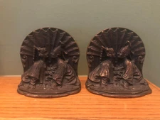 Antique Art Deco Oriental Siamese Bron Met Bronze Wash Cast Iron Bookends