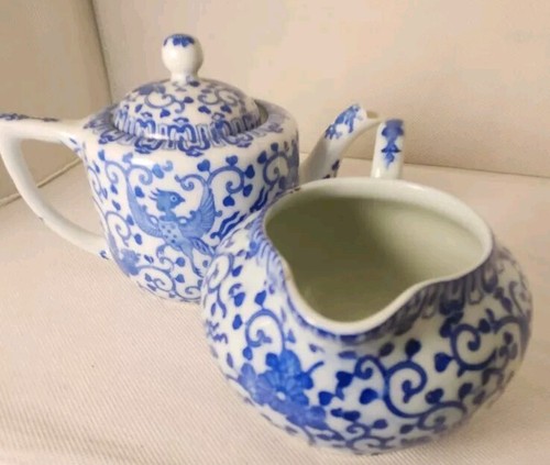 VTG. JAPAN NORITAKE PHOENIX BIRD DESIGN BLUE &WHITE SM.TEAPOT & CREAMER - Picture 9 of 15