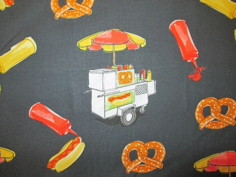 Carrito de pretzels para perros calientes mostaza bocadillos comida tela de algodón negro FQ  Foto 2 de 4