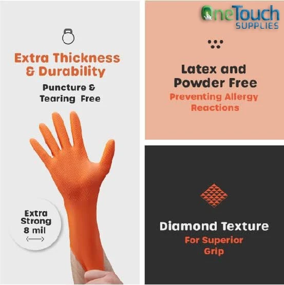 1000 Orange Black Diamond Nitrile Disposable Gloves Strong Heavy Duty Mechanic - Image 4 of 4