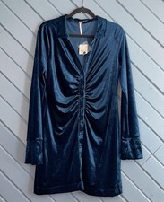 Free People Shayla Velvet Mini Dress Long Sleeve - Navy Blue - sz L NWT