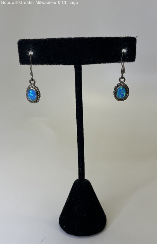 925 Sterling Blue Faux Opal Inlay Oval Drop Hook Earrings 2.3g