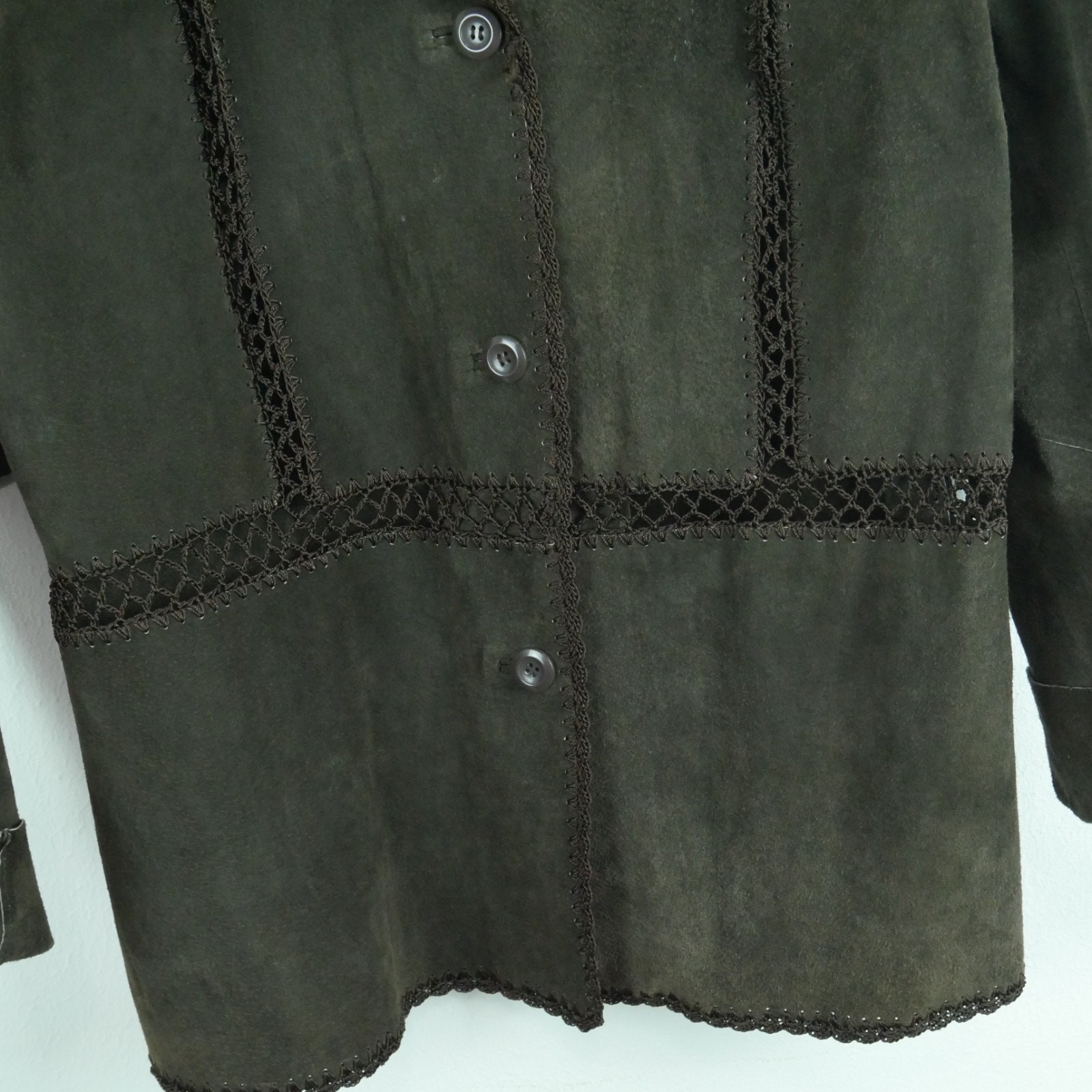 Vintage Large Suede Jacket Patchwork Crochet Brow… - image 6