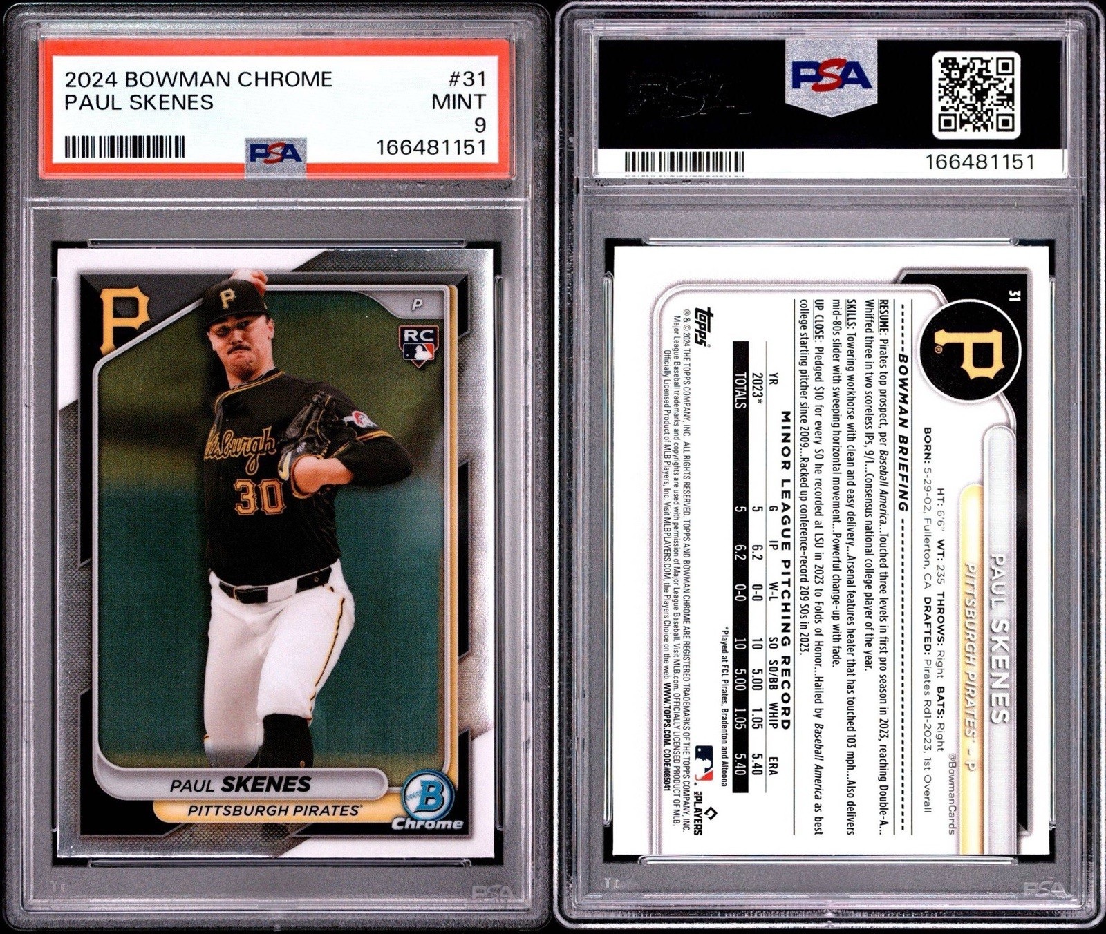 2024 Bowman Chrome Paul Skenes RC Rookie #31 Pirates PSA 9 view 3