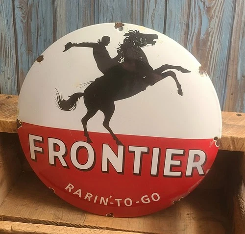 Vintage Frontier Gas Porcelain Metal Domed Sign Cowboy on Rearing Horse