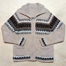Vintage Cowichan Sweater Size Medium/Large Beige Full Zip Cardigan Aztec Knit