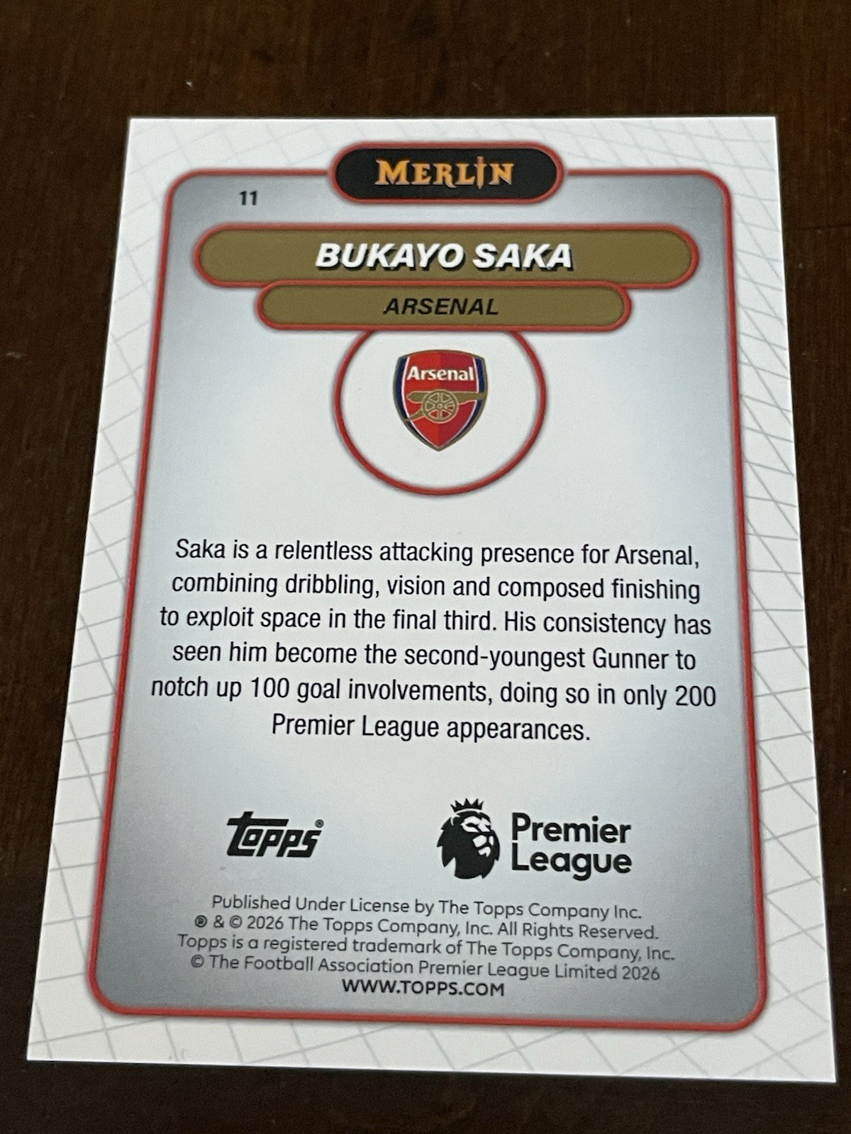 2023-24 Merlin UEFA Club Competitions Bukayo Saka Arsenal #11 /150 - England WC view 2