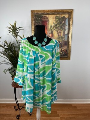 Dana Kay Blouse Top Womens 18W Green Blue Sheer Tropical Vibrant Artistic Breezy