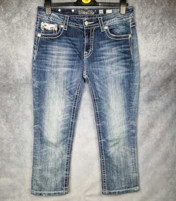 Miss Me Damen Mid Rise Curvy Crop Jeans W32 L26 blau Stretch Denim verziert