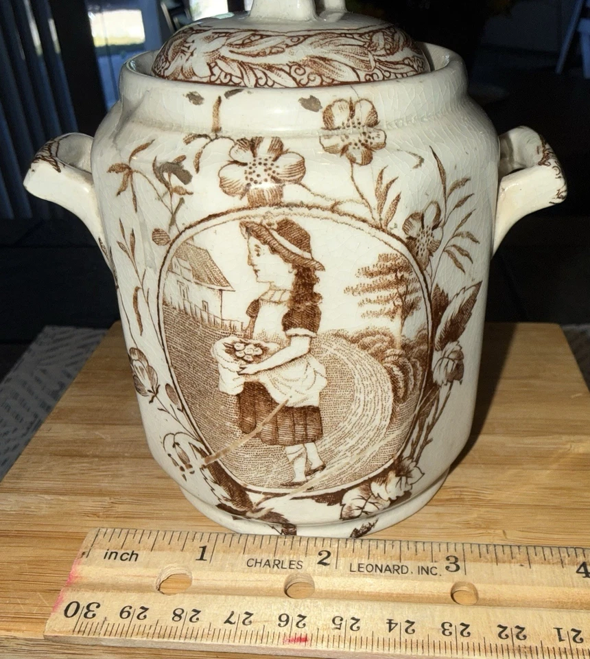 Antiguo tarro de azúcar con tapa Little May W Eggs Brown Transferware Staffordshire  Foto 3 de 4