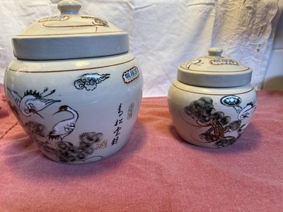 2 Vintage Japanese Village Porcelain Ginger Spice Cookie Jars & Lids With Labels