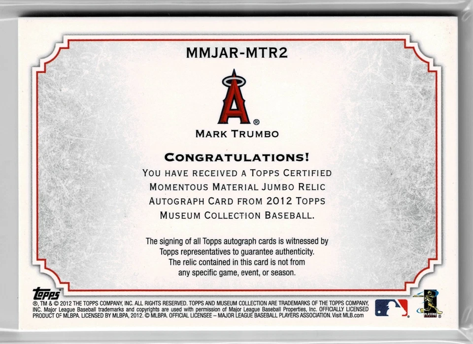 2012 Topps Museum Collection Autographed Game Used Jersey Mark Trumbo /10 - Image 2 of 4