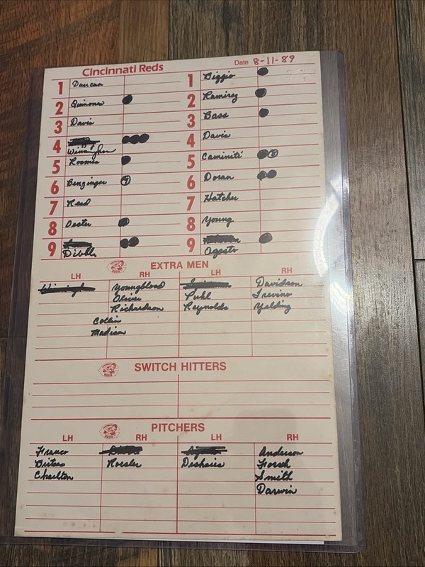 Cincinnati Reds DUGOUT LINE UP CARD Davis Dibble Reed Benzinger Duncan 1989 B1-8