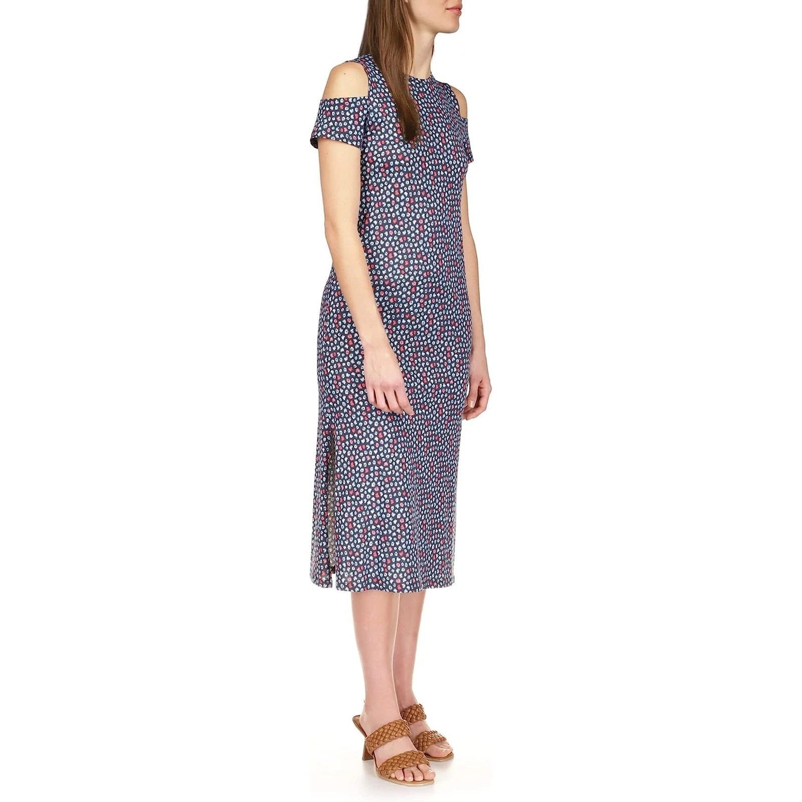 Abito midi Michael Kors donna blu palma cotone modal casual spalle fredde taglia S