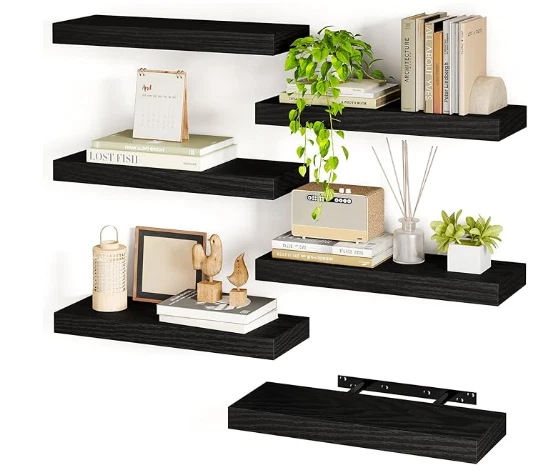 6 pack Rustic Wood Floating Shelves for Wall Decor Fixwal - 16" x 6" - Black