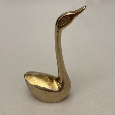 Vintage Solid Brass Swan Figurine Ring Holder Decor Bird Goose 3.25 Inches