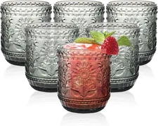 12 Oz Sunflower Vintage Drinking Glasses, Set of 6, Elegant Green Retro Colored