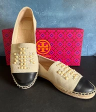 TORY BURCH PEARL LOGO FLAT ESPADRILLE LEATHER/SUEDE SZ 7.5 DULCE DE LECHE/BLACK